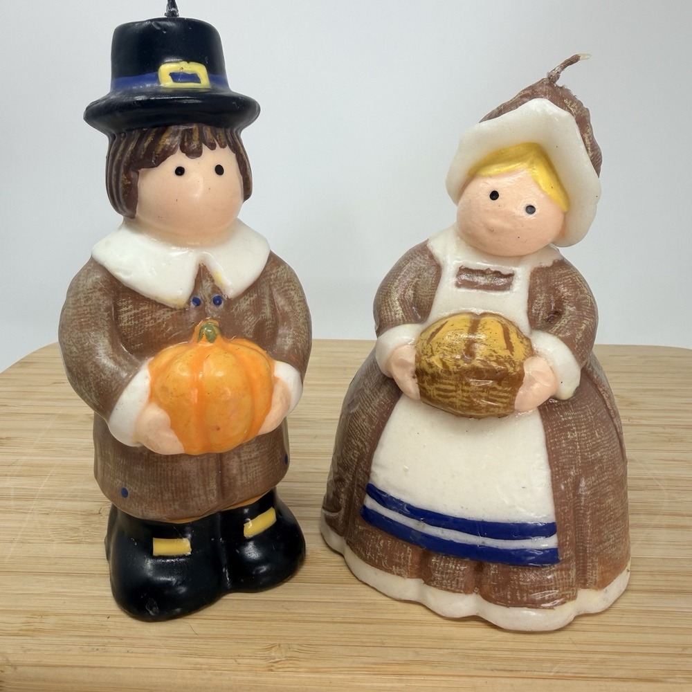 Vintage Thanksgiving Pilgrim Candles Robert Alan Pumpkin Decor Set Of 2 6" tall